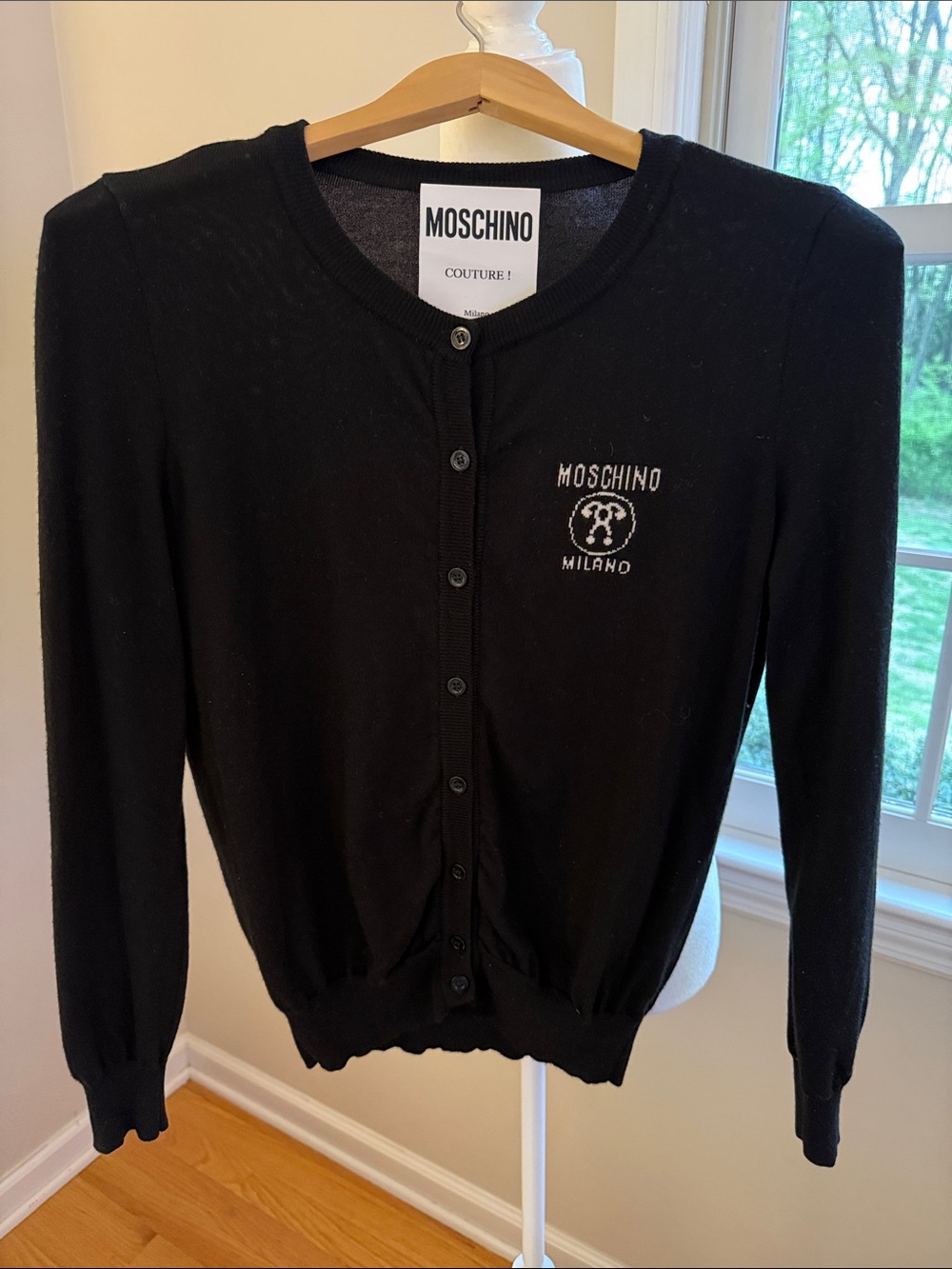 MOSCHINO COUTURE MILANO Black Button Down Wool Cardigan Size 6 Made in Italy 🇮🇹